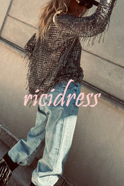 Party Crasher Sequin Tassle Fabric Long Sleeve Loose Top