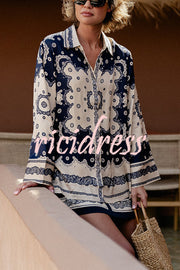 Timeless Look Satin Paisley Long Sleeve Blouse and High Rise Mini Skirt Set