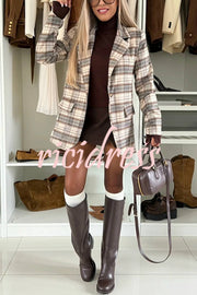 Classic Modern Plaid One Button Long Sleeve Flap Pocket Lapel Blazer