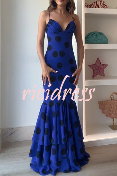 Eliora Mesh Polka Dot Print Gathered Bust Layered Fishtail Hem Maxi Dress