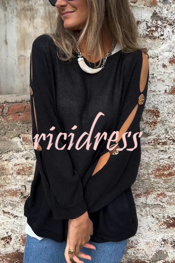 Solid Color Round Neck Hollow Long Sleeve Loose Knitted Sweater
