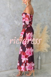Floral Fantasy Mesh Off Shoulder Long Sleeve Stretch Maxi Dress