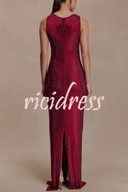Holiday Nights Sequin Boat Neck Sleeveless Slit Maxi Dress