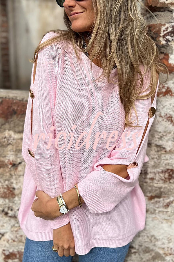Solid Color Round Neck Hollow Long Sleeve Loose Knitted Sweater