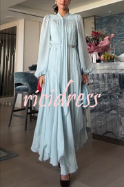 Elegant and Graceful Tie-up Neck Long Balloon Sleeve Handkerchief Midi Dress
