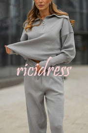 Solid Color Long-sleeved Zip-up Sweatshirt and Elastic Waist Loose Pocket Pants Set