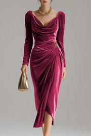 Solid Color Velvet Long-sleeved Slim-fit Pleated Midi Dress
