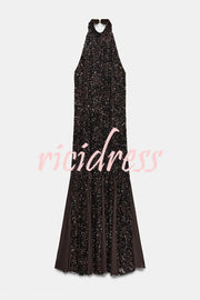 Twilight Gleam Sequin Textured Tulle Hem Halter Backless Maxi Dress