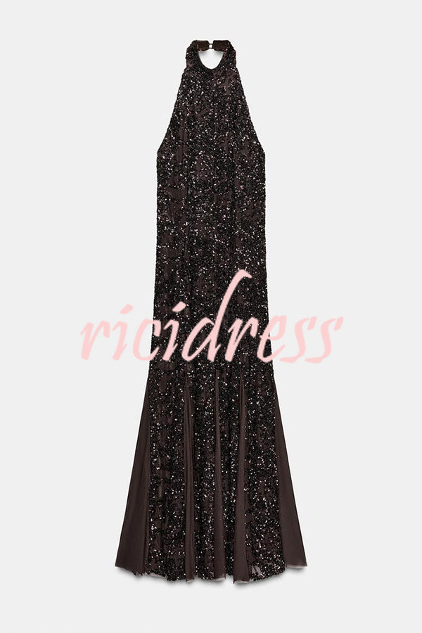 Twilight Gleam Sequin Textured Tulle Hem Halter Backless Maxi Dress