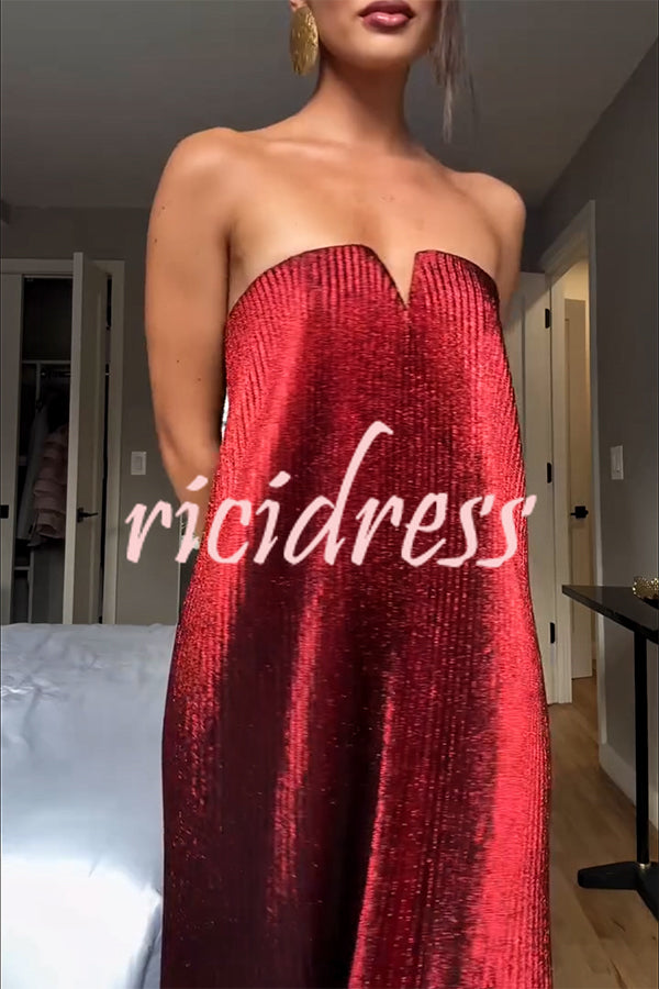 Party Time Pleated Metallic Fabric Off Shoulder Irregular Hem A-line Maxi Dress