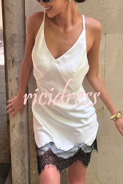 Sexy Lace Paneled V-neck Halter Back Mini Dress