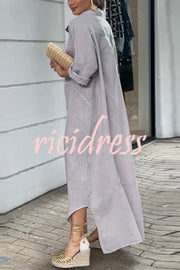 Linen Blend Solid Long Sleeve Buttoned Loose Shirt Style Maxi Dress