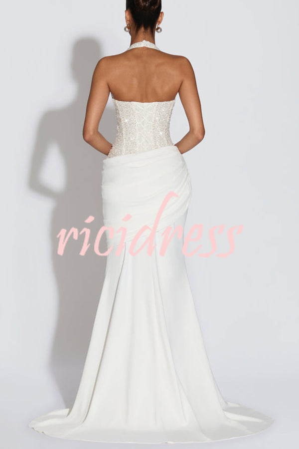 Exclusive Declaration Sequin Halter Neck Back Lace-up Ruched Hem Maxi Dress