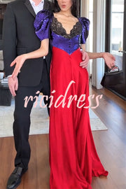 Like Snow White Sequin Lace Puff Sleeve Satin Hem Maxi Dress