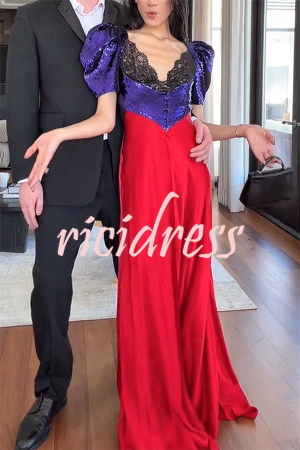 Like Snow White Sequin Lace Puff Sleeve Satin Hem Maxi Dress