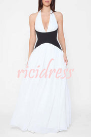 Fashionable Color Matching Sexy Halter Neck Waist Maxi Dress