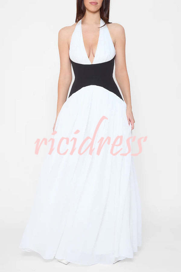 Fashionable Color Matching Sexy Halter Neck Waist Maxi Dress
