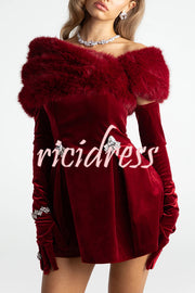 Stylish Velvet Off-shoulder Fitted Mini Dress and Fluffy Shawl, Velvet Gloves Three-piece Set