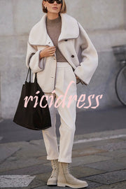 Romane Faux Fleece Fabric Contrast Trim Long Sleeve Knitted Pocket Lapel Loose Jacket