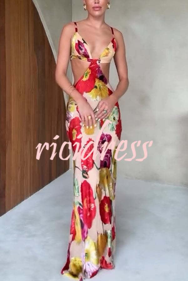 Hawaiian Dreams Satin Floral Print Cutout Backless Maxi Dress