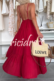 Bohemian Style V-neck Backless Slip Layered Vacation Maxi Dress