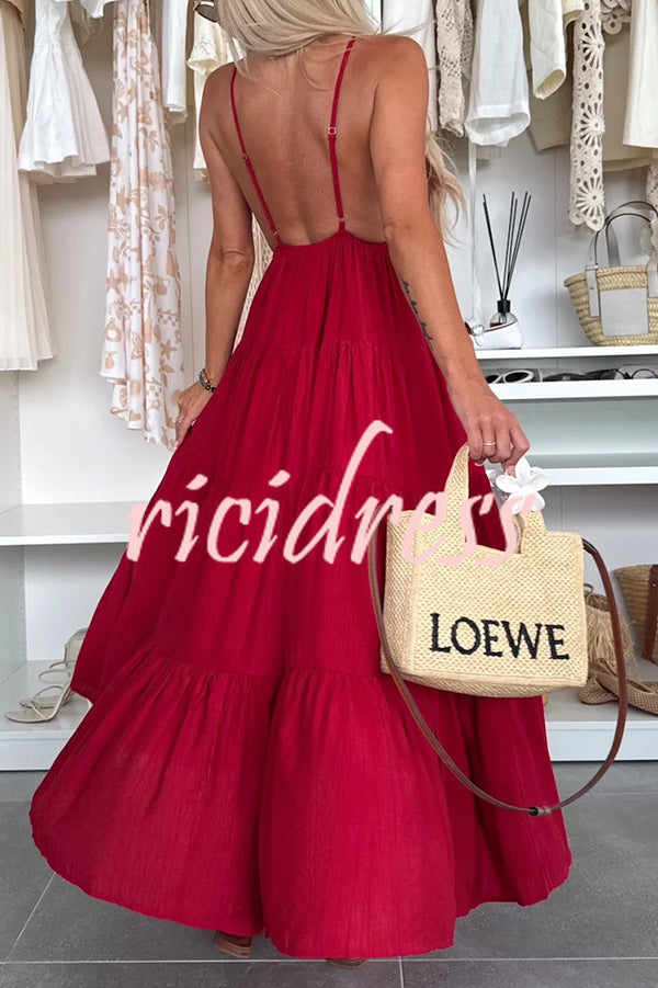 Bohemian Style V-neck Backless Slip Layered Vacation Maxi Dress