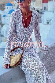 Santorini Sunset Floral Lace Long Sleeve Slit Vacation Maxi Dress