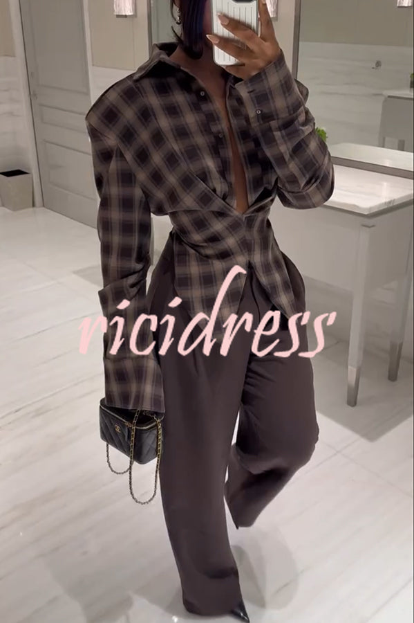 Vintage Plaid Shoulder Pad Buttons Long Sleeve Angled Hem Shirt