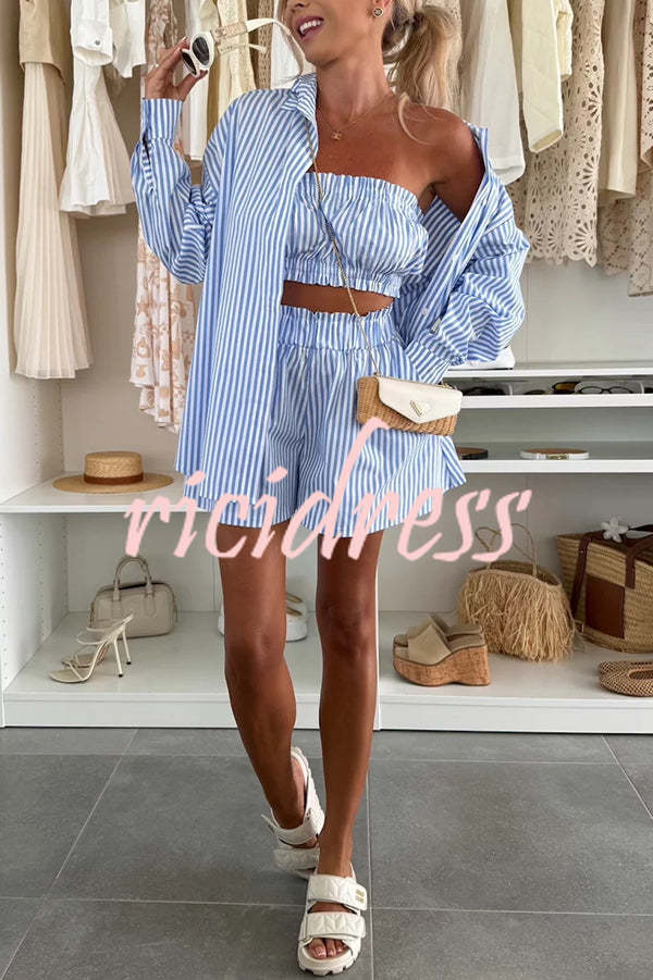 Zoie Striped Stretch Bandeau + Elastic Waist Pocket Shorts + Oversized Blouse 3 Pieces Set