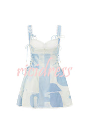 Avere Linen Blend Unique Print Scallop Trim Side Lace-up Mini Dress