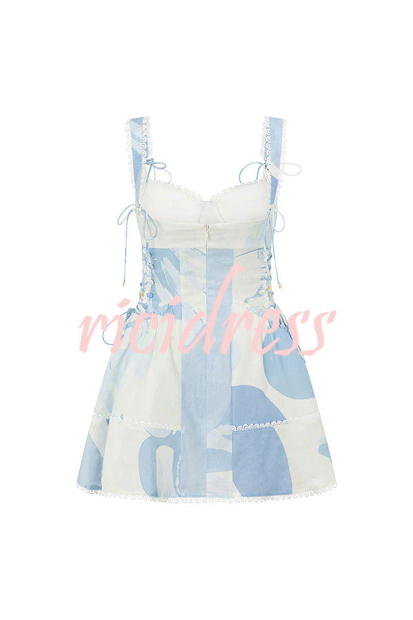 Avere Linen Blend Unique Print Scallop Trim Side Lace-up Mini Dress