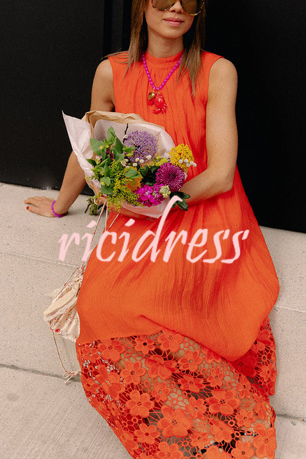 Breezy Comfort Tie-up Neck Sleeveless Floral Lace Hem Maxi Dress
