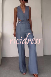 Crossover Slim Fit Sleeveless Vest and High Waisted Wide Leg Pants Set