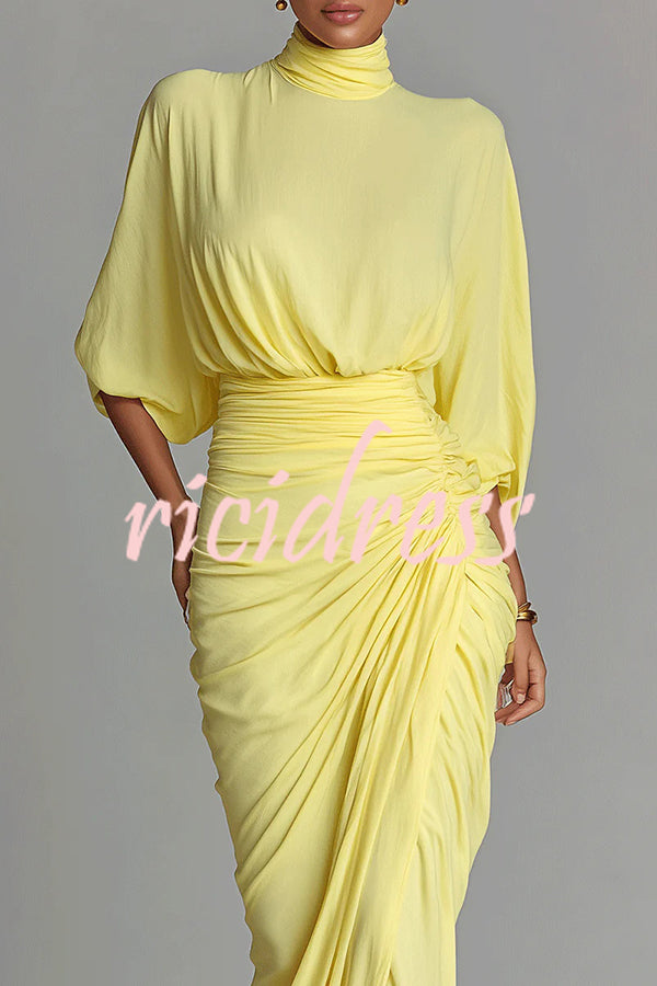 Fashionable High-neck Half-sleeve Waist-cinching Pleated Maxi Dress