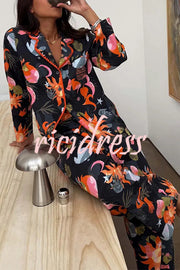 Evening Routine Unique Print Color-block Trim Loose Shirt and Elastic Waist Pocketed Pajama Set