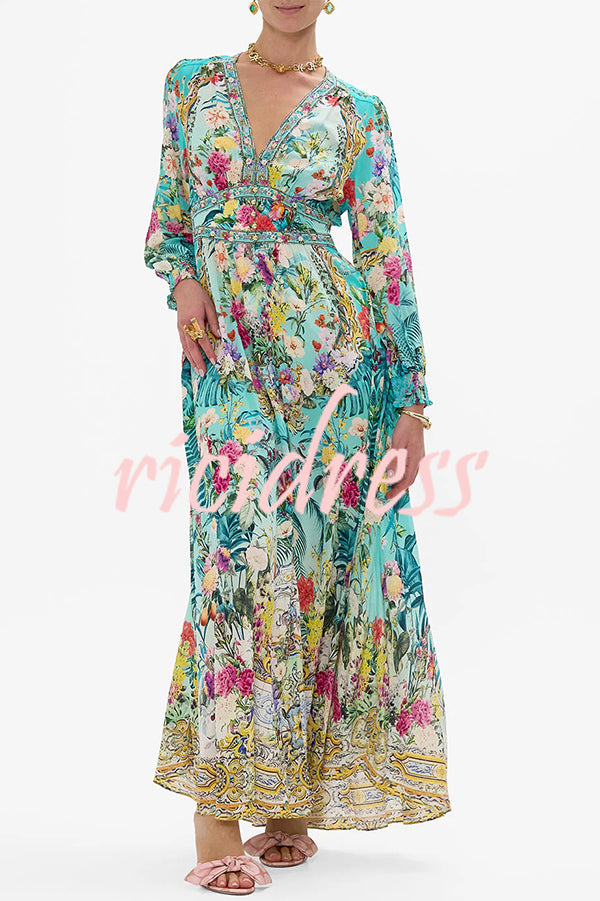 Fairy Tale Print V-Neck Lantern Sleeve Waist Maxi Dress