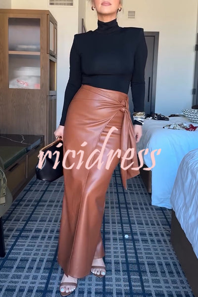 Snappy Casual Slay Faux Leather High Rise Wrap Tie-up Stretch Maxi Skirt
