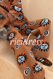 Mediterranean Art Knit Unique Sun Vortex Print Elastic Waist Wide Leg Pants