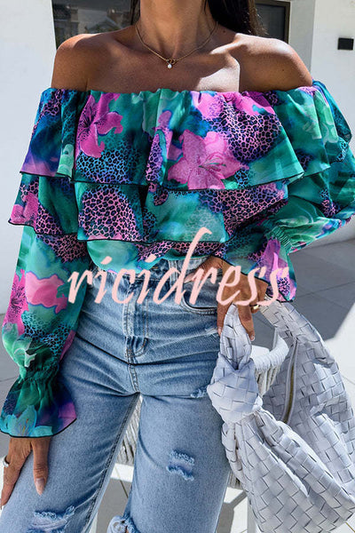 Colorful Botanical Print Sexy Off-shoulder Ruffle Top