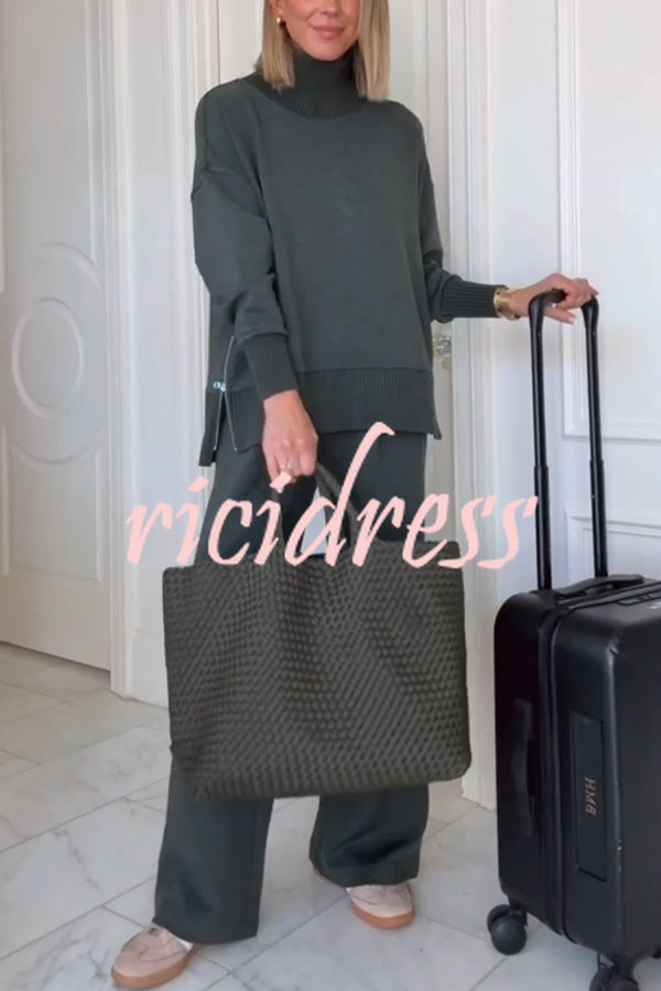 Barker High-Neck Long Sleeve Side Zipper Sweatshirt and Elastic Waist Pocketed Loose Pants Set