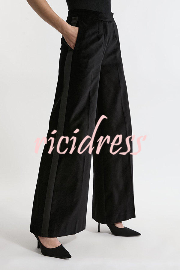 Cue The Cocktails Velvet Grosgrain Detail Pocketed Wide Leg Pants