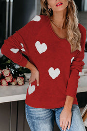 Stylish Color-blocked Heart-patterned Long-sleeved Loose Knit Sweater