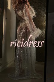 Fashionable Sequined Feather Long-sleeved Vacation Loose Extra-long Sun Protection Cover-up