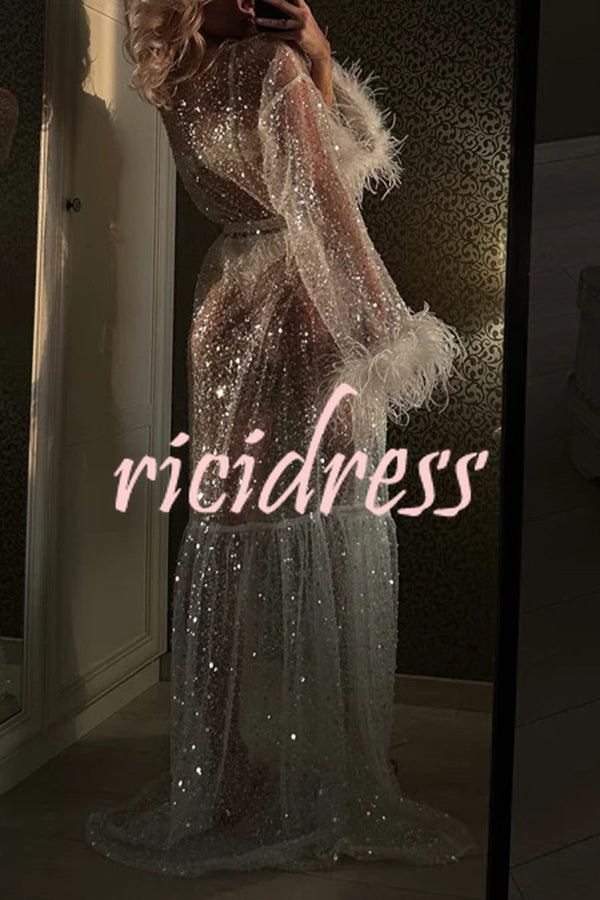 Fashionable Sequined Feather Long-sleeved Vacation Loose Extra-long Sun Protection Cover-up