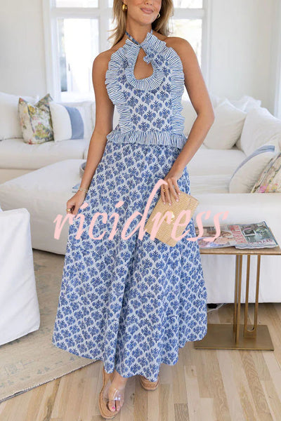 Tatum Printed Ruffle Trim Halter Top and Elastic Waist Flowy Maxi Skirt Set