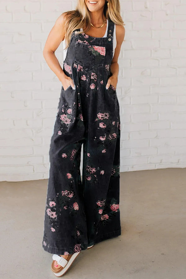 Fashion Floral Print Casual Button Pocket Loose Denim Overalls