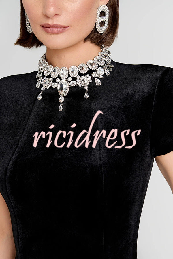 Regan Luxurious Velvet Jewel-encrusted Turtleneck Short Sleeve Pocket Tulip Mini Dress