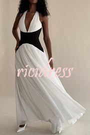Fashionable Color Matching Sexy Halter Neck Waist Maxi Dress