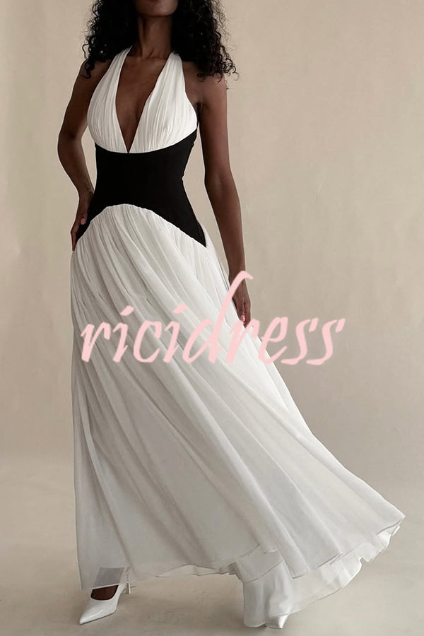 Fashionable Color Matching Sexy Halter Neck Waist Maxi Dress
