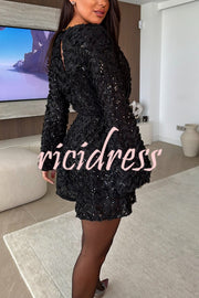 Perfect Choice Wavy Sequin V-neck Long Sleeve Tie-up Loose Romper